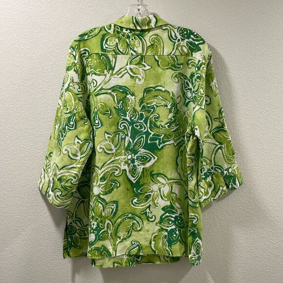 CHICO'S (NEW) Woven 3/4 Sleeve Linen Button Front Paisley Blouse, Lime Green- XL - Picture 3 of 9